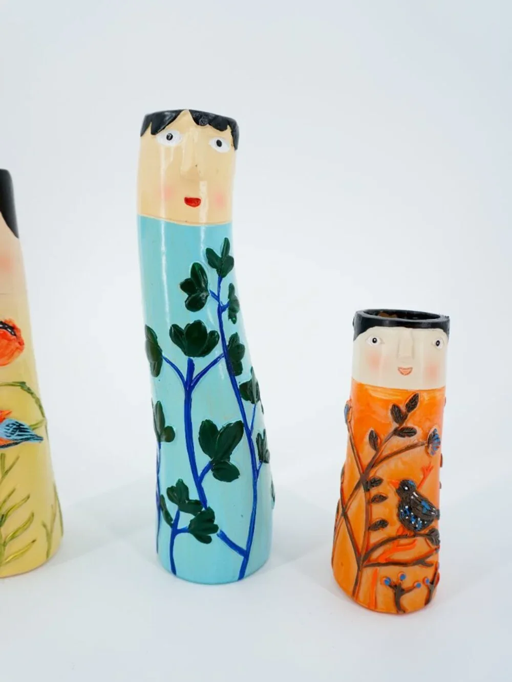 Set of 3 Hand Painted Ceramic Face Cylinder Vases, Women Floral Bird Decor